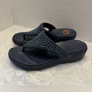 Crocs women’s 8 Monterey Diamanté slip on blue wedge sandal flip flop